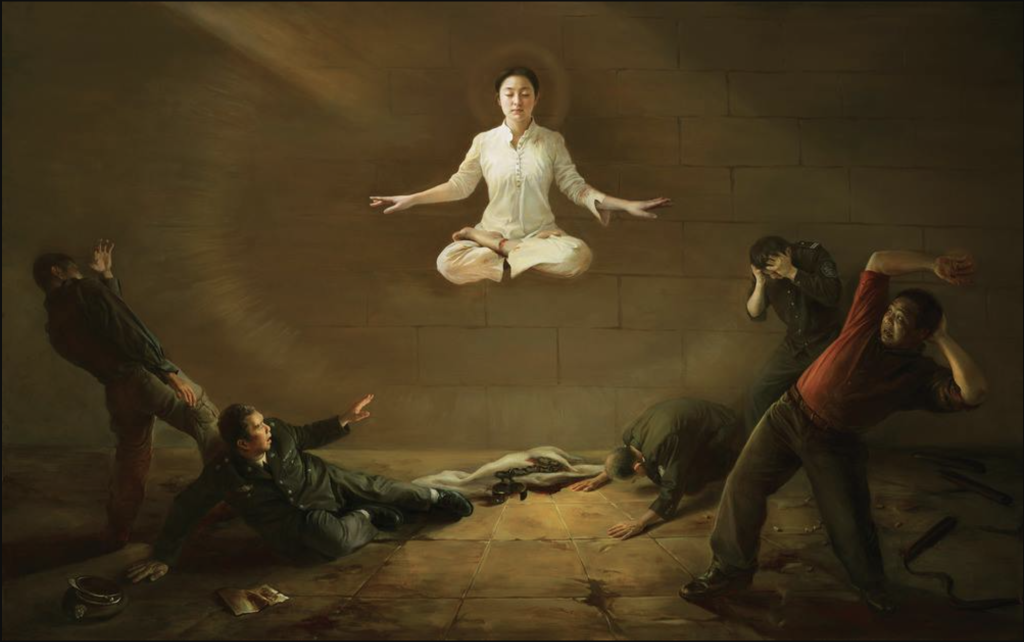 “Shock,” 2009, by Xiaoping Chen, oil on canvas, (48 x 75 inches). A Falun Dafa practitioner emanates righteousness and compassion to her torturers.